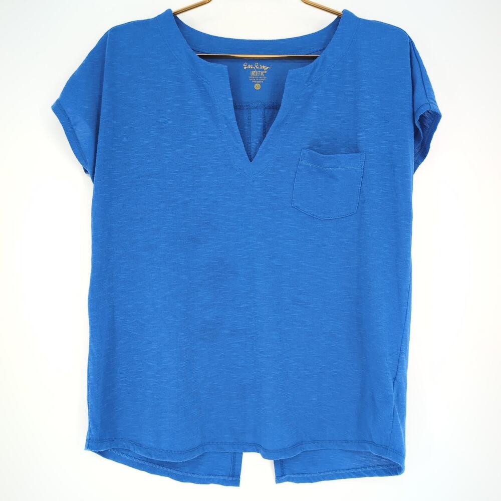 Lilly Pulitzer Luxletic Brodie Blue V-Neck T- Shirt Top Split Back Tee - Size XS